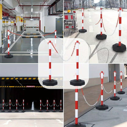 Poteau de délimitation en plastique avec chaîne de barrière 140 cm et base en PE, poteau barrière PP 82 cm, cône de signalisation flexible, incluant panneaux d'avertissement, rouge et blanc