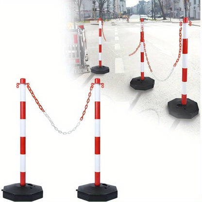 Poteau de délimitation en plastique avec chaîne de barrière 140 cm et base en PE, poteau barrière PP 82 cm, cône de signalisation flexible, incluant panneaux d'avertissement, rouge et blanc