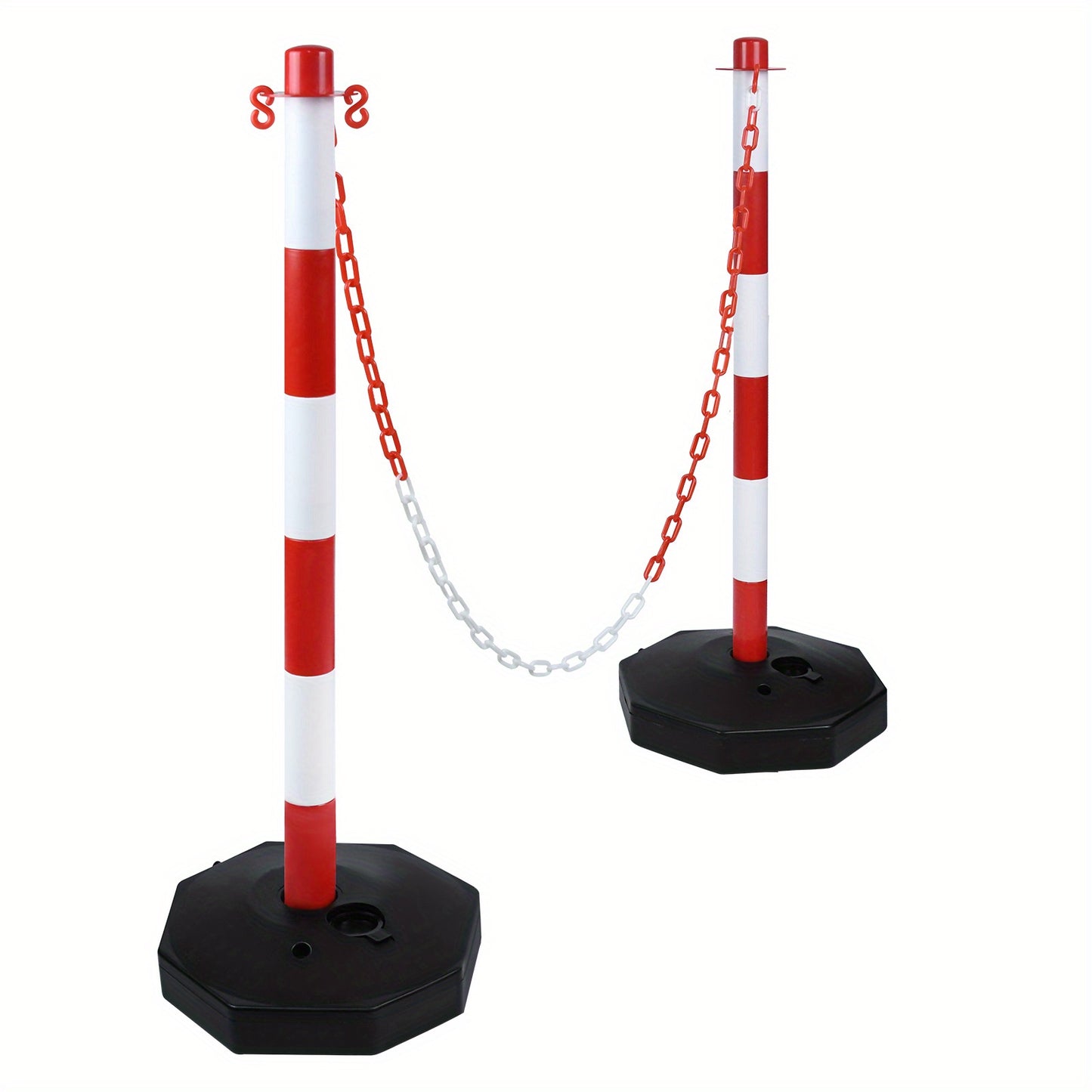 Poteau de délimitation en plastique avec chaîne de barrière 140 cm et base en PE, poteau barrière PP 82 cm, cône de signalisation flexible, incluant panneaux d'avertissement, rouge et blanc