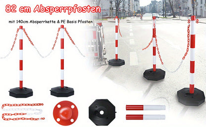 Poteau de délimitation en plastique avec chaîne de barrière 140 cm et base en PE, poteau barrière PP 82 cm, cône de signalisation flexible, incluant panneaux d'avertissement, rouge et blanc