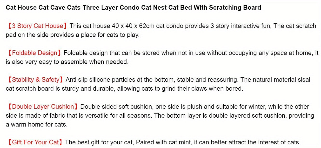 Maison pour Chat Grotte à Trois Étages Nid et Lit avec Planche de Griffoir