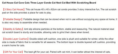 Maison pour Chat Grotte à Trois Étages Nid et Lit avec Planche de Griffoir