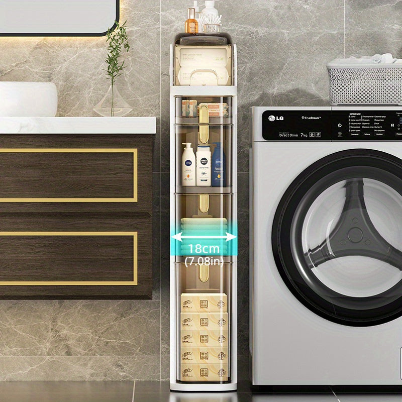 Meuble de rangement de salle de bain ultra-mince à 5 niveaux | Rangement au sol autonome avec tiroirs et poignées, adapté aux petits espaces, buanderies, cuisines, chambres, couloirs, plastique durable, design classique, à roulettes, idéal pour les appart