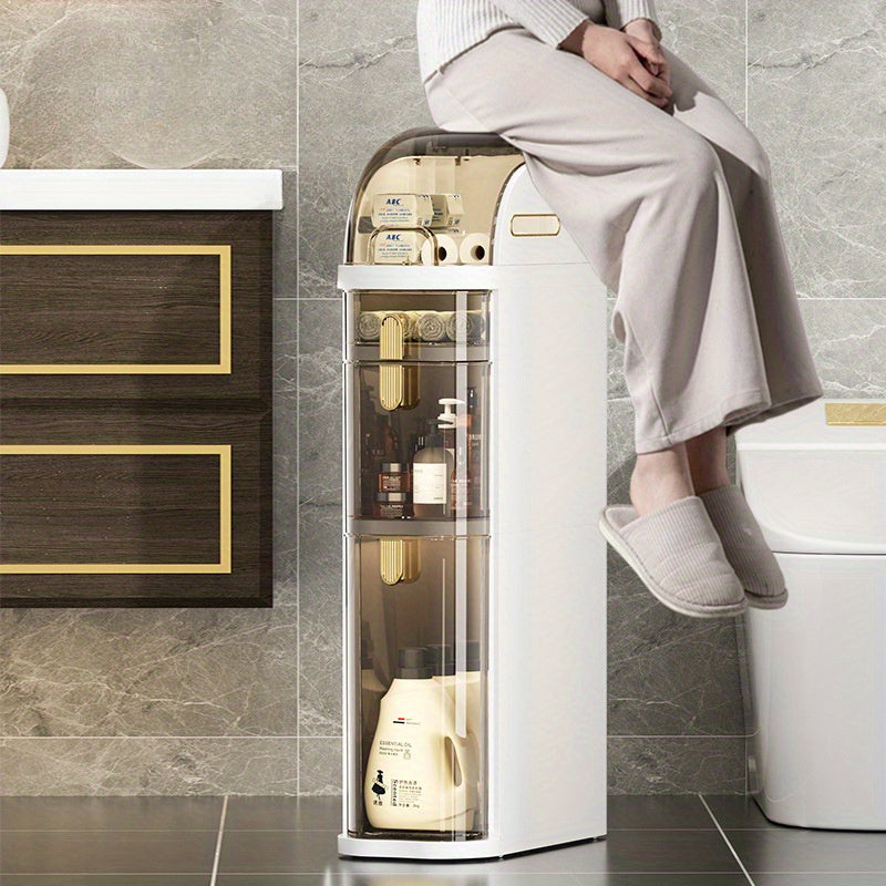 Meuble de rangement de salle de bain ultra-mince à 5 niveaux | Rangement au sol autonome avec tiroirs et poignées, adapté aux petits espaces, buanderies, cuisines, chambres, couloirs, plastique durable, design classique, à roulettes, idéal pour les appart