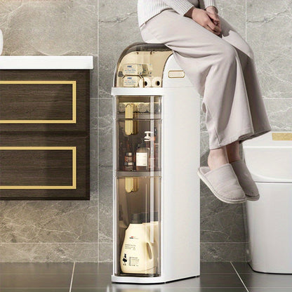 Meuble de rangement de salle de bain ultra-mince à 5 niveaux | Rangement au sol autonome avec tiroirs et poignées, adapté aux petits espaces, buanderies, cuisines, chambres, couloirs, plastique durable, design classique, à roulettes, idéal pour les appart