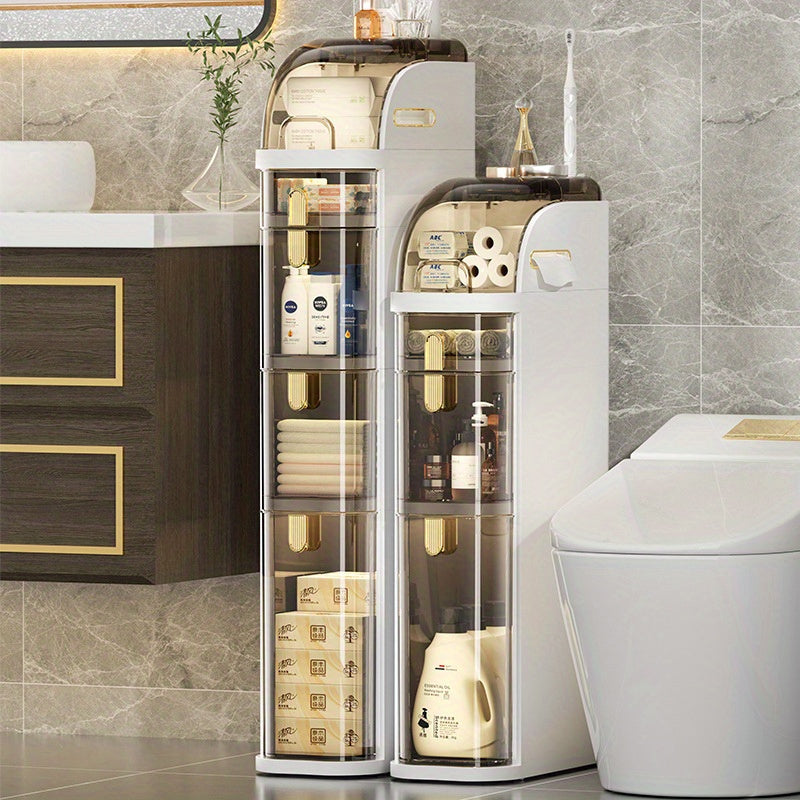 Meuble de rangement de salle de bain ultra-mince à 5 niveaux | Rangement au sol autonome avec tiroirs et poignées, adapté aux petits espaces, buanderies, cuisines, chambres, couloirs, plastique durable, design classique, à roulettes, idéal pour les appart