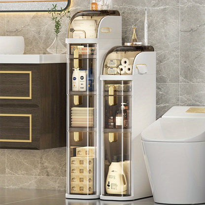 Meuble de rangement de salle de bain ultra-mince à 5 niveaux | Rangement au sol autonome avec tiroirs et poignées, adapté aux petits espaces, buanderies, cuisines, chambres, couloirs, plastique durable, design classique, à roulettes, idéal pour les appart