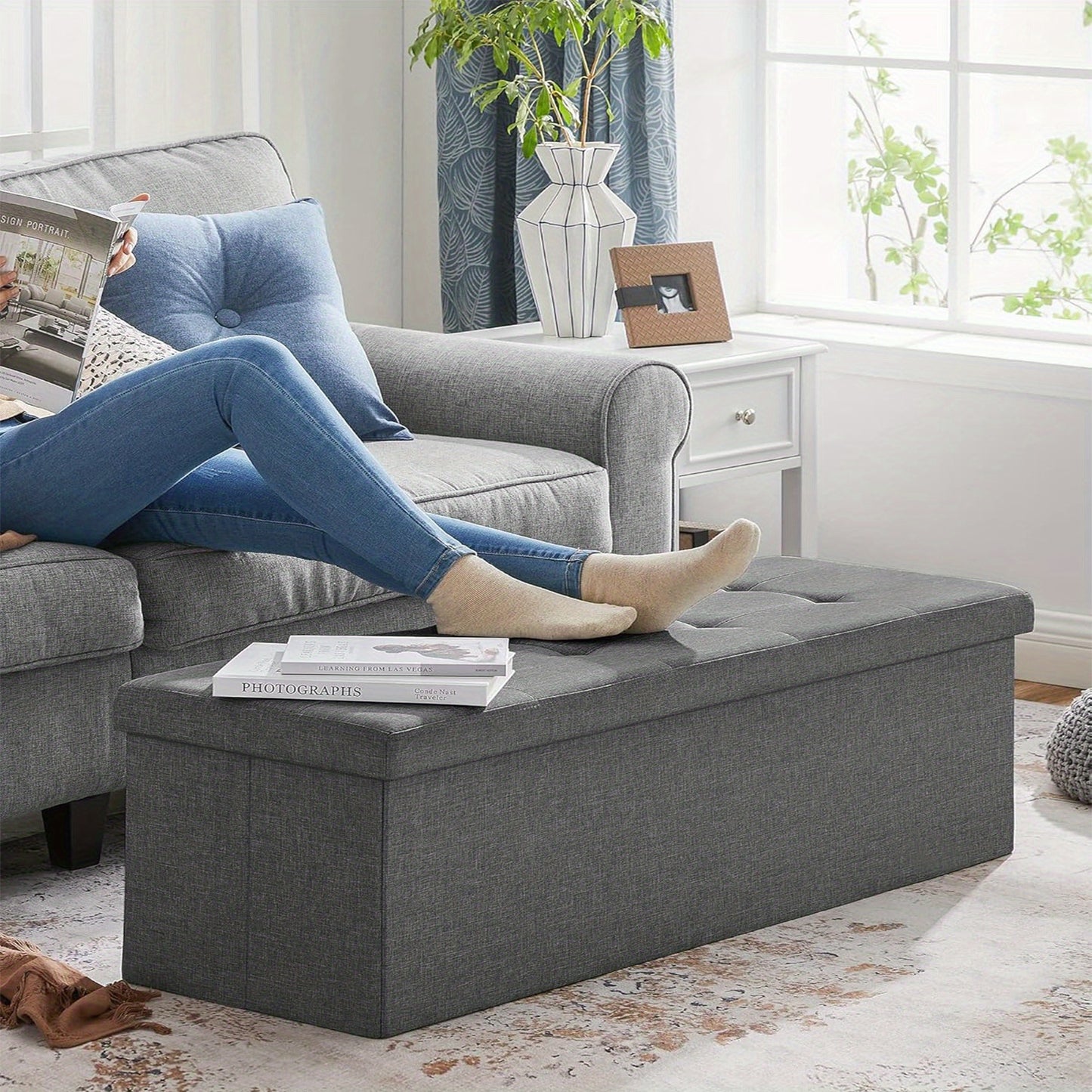 Coussin de rangement, Banc pliable rembourré, Coffre avec couvercle, Capacité de 120L, Supporte jusqu'à 300 kg, pour chambre à coucher, couloir, salon