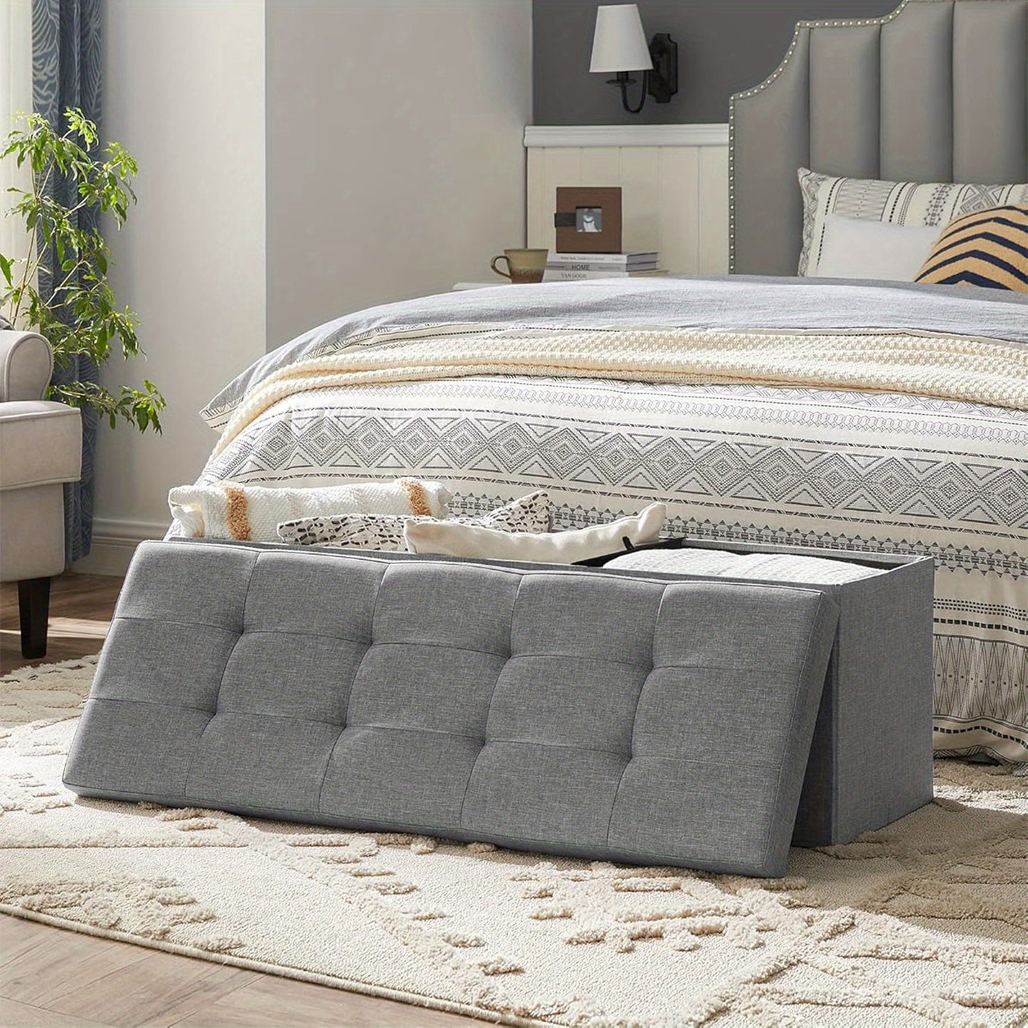 Coussin de rangement, Banc pliable rembourré, Coffre avec couvercle, Capacité de 120L, Supporte jusqu'à 300 kg, pour chambre à coucher, couloir, salon