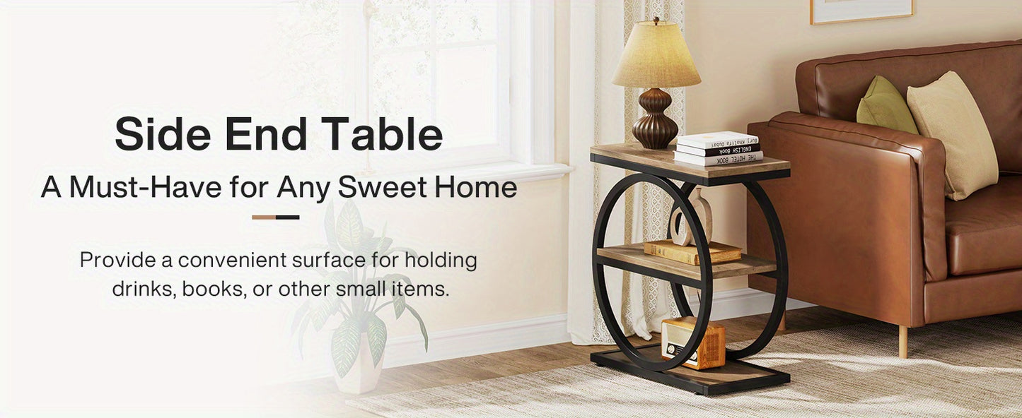 Table d'Appoint Étroite Industrielle Moderne à 3 Niveaux pour Canapé - Conception Gain de Place avec 3 Étagères de Rangement, Finition Chêne et Noir, Cadre Robuste en MDF E1 et Métal, Montage Facile pour Salon, Chambre ou Entrée