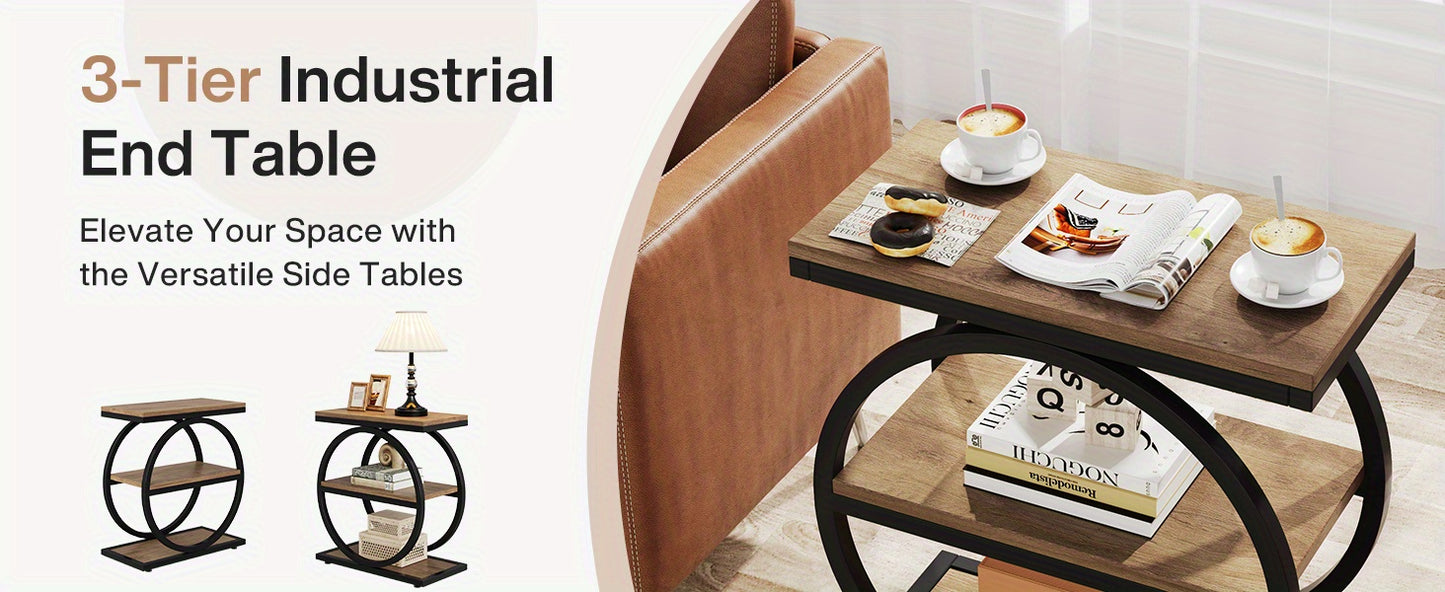Table d'Appoint Étroite Industrielle Moderne à 3 Niveaux pour Canapé - Conception Gain de Place avec 3 Étagères de Rangement, Finition Chêne et Noir, Cadre Robuste en MDF E1 et Métal, Montage Facile pour Salon, Chambre ou Entrée