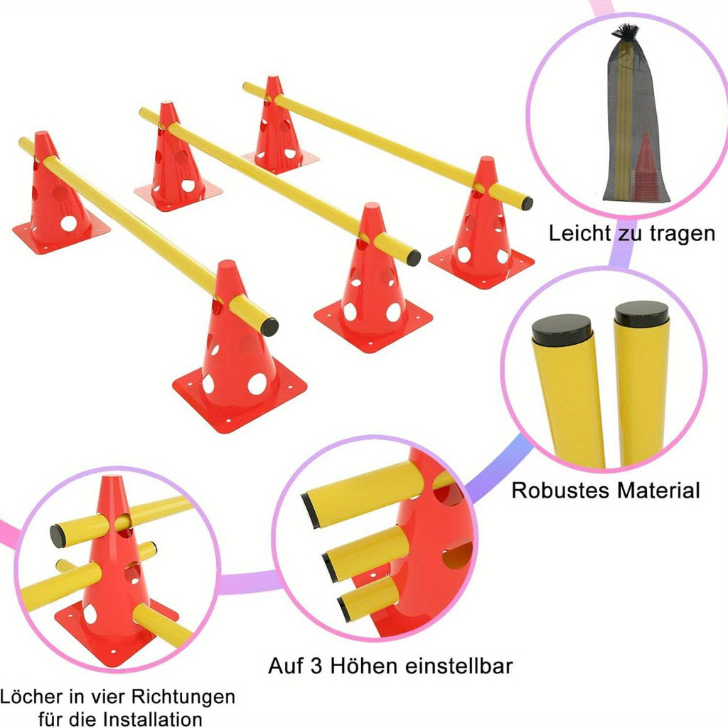 Ensemble de 6 cônes triangulaires pour parcours d'obstacles, ensemble d'entraînement de coordination sportive combinée comprenant 12 cônes polyvalents + 6 rails d'entraînement d'agilité à hauteur réglable