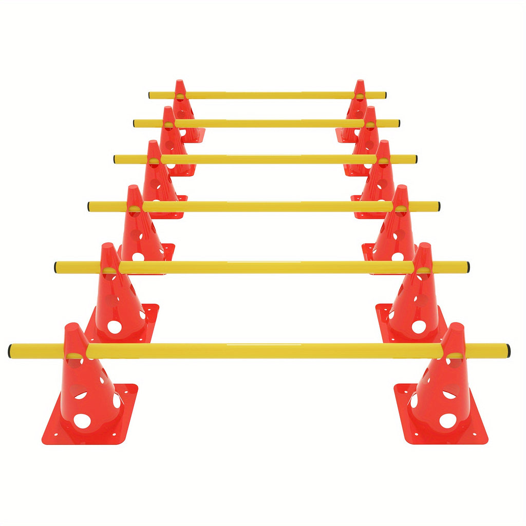 Ensemble de 6 cônes triangulaires pour parcours d'obstacles, ensemble d'entraînement de coordination sportive combinée comprenant 12 cônes polyvalents + 6 rails d'entraînement d'agilité à hauteur réglable