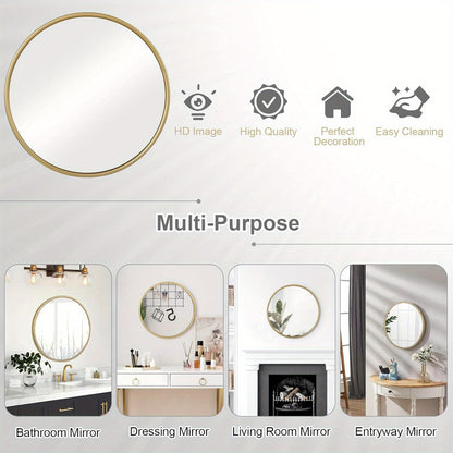 Miroir Mural Rond, Miroir Rond, Miroir Suspendu Moderne Pour Salle de Bain, Chambre à Coucher, Salon, Couloir, Miroir de Vanité Décoratif en Verre, Métal, Crochet en MDF