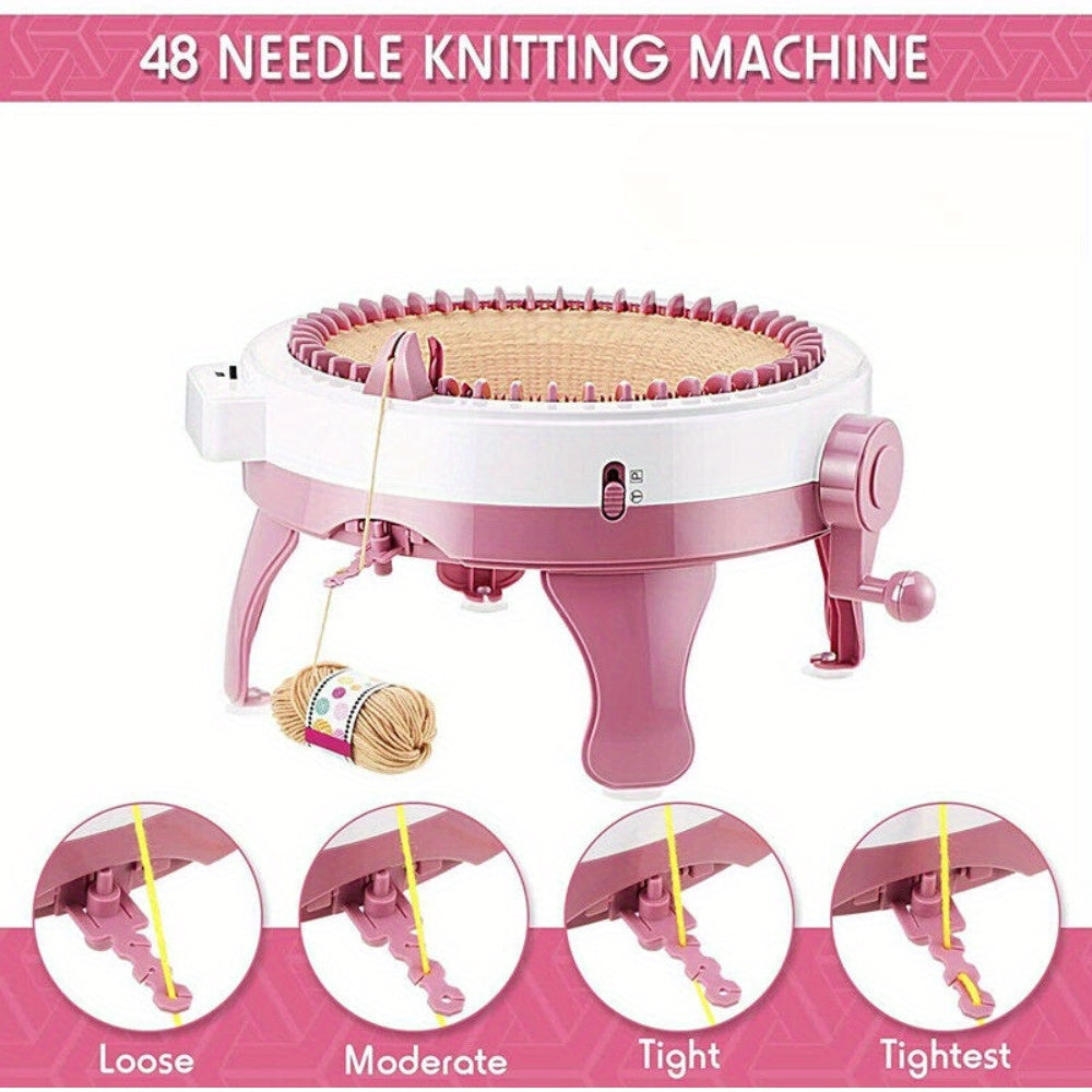 [DIY Créatif] Machine à Tricoter Manuelle à 48 Aiguilles avec Manivelle - Outil DIY Portable pour Écharpes, Chapeaux, Chaussettes | Sans Électricité, Construction en ABS Rose avec Porte-Bobine et Compteur de Mailles | Série Créative de Métier à Tisser la