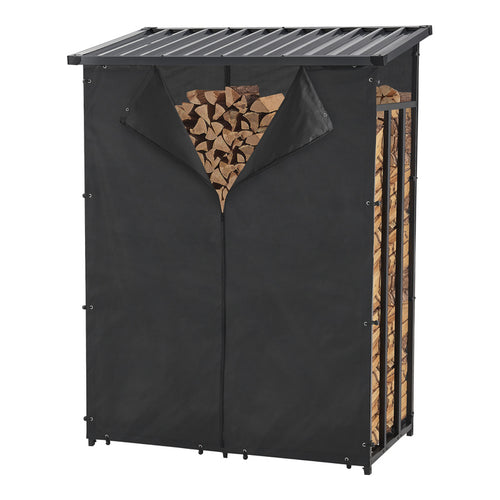 Porte-Bois de Chauffage Extérieur Yakutat avec Couverture, Support en Métal pour Bois de Chauffage, Étagère à Bûches et Aide à Empiler – Noir