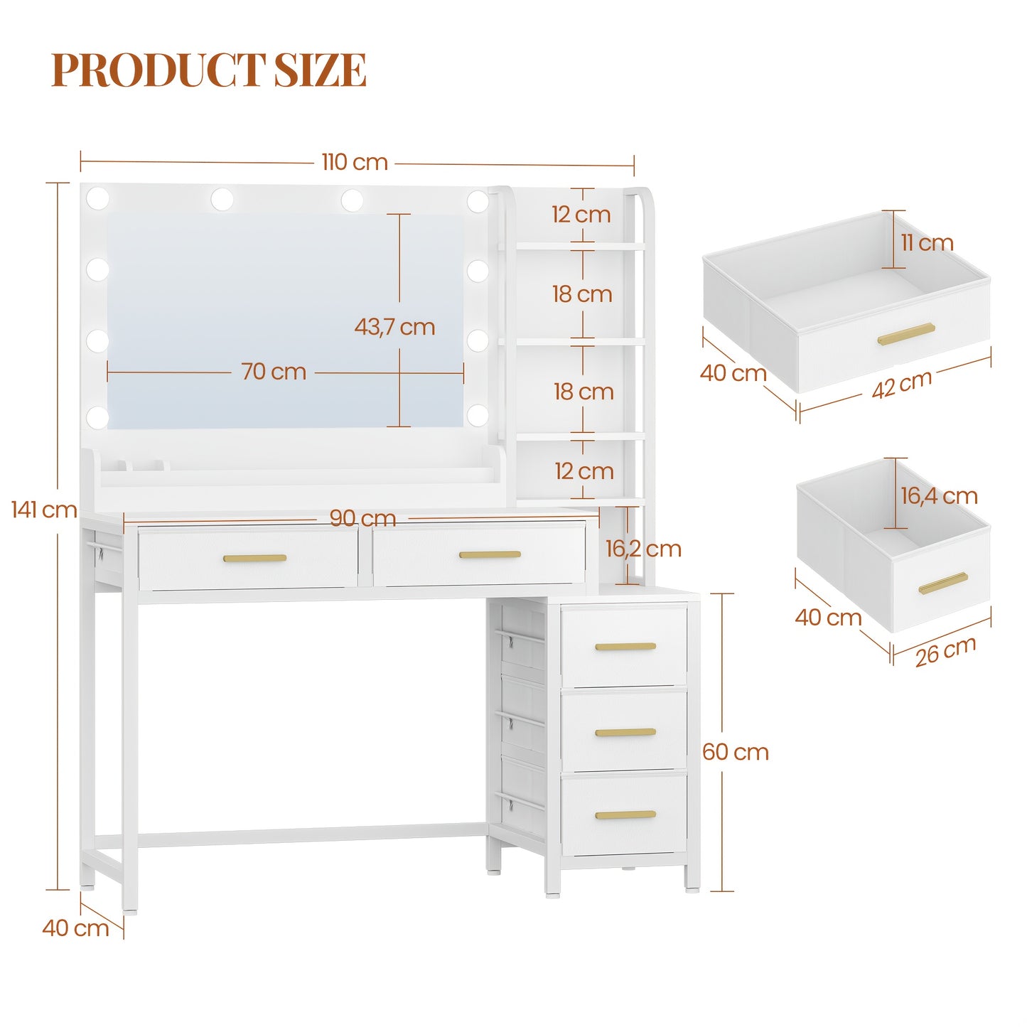 Coiffeuse avec grand miroir, 5 tiroirs, 5 compartiments ouverts, espace de rangement devant le miroir, moderne, blanche, 40 × 110 × 141 cm