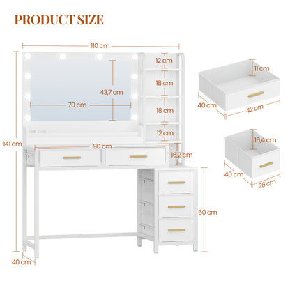 Coiffeuse avec grand miroir, 5 tiroirs, 5 compartiments ouverts, espace de rangement devant le miroir, moderne, blanche, 40 × 110 × 141 cm
