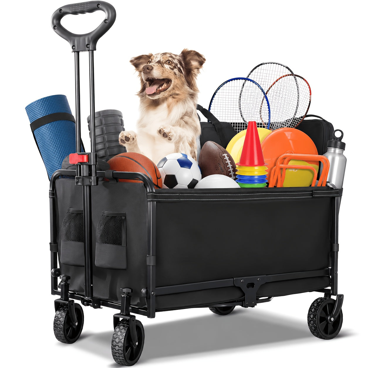 Chariot Pliable Robuste 120L avec Housse et Porte-Gobelets, Capacité Jusqu'à 120Kg, Chariot de Plage Pliable Compact pour Camping, Sports, Shopping, Transport Extérieur
