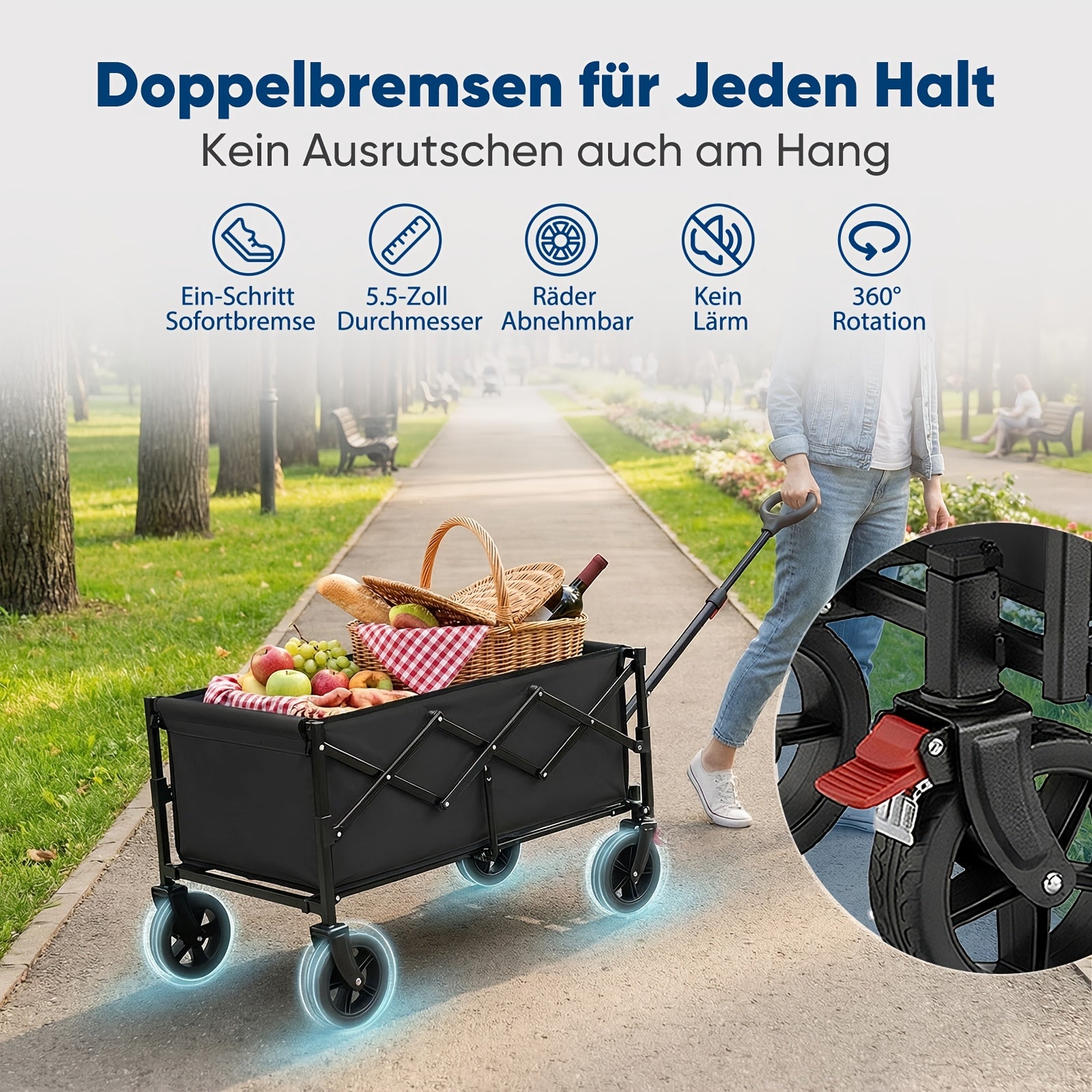 Chariot Pliable avec Capacité de 80L et Capacité de Charge de 330LBS, Conception Légère avec Poids Réduit, Roues Tout-Terrain avec Freins pour une Sécurité et un Contrôle Améliorés, Parfait pour le Shopping, le Camping, les Activités de Plein Air et le Ja