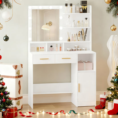 Coiffeuse avec miroir et 10 lumières LED, luminosité réglable, coiffeuse avec 2 tiroirs et 1 meuble, 3 étagères et 4 compartiments ouverts, blanc