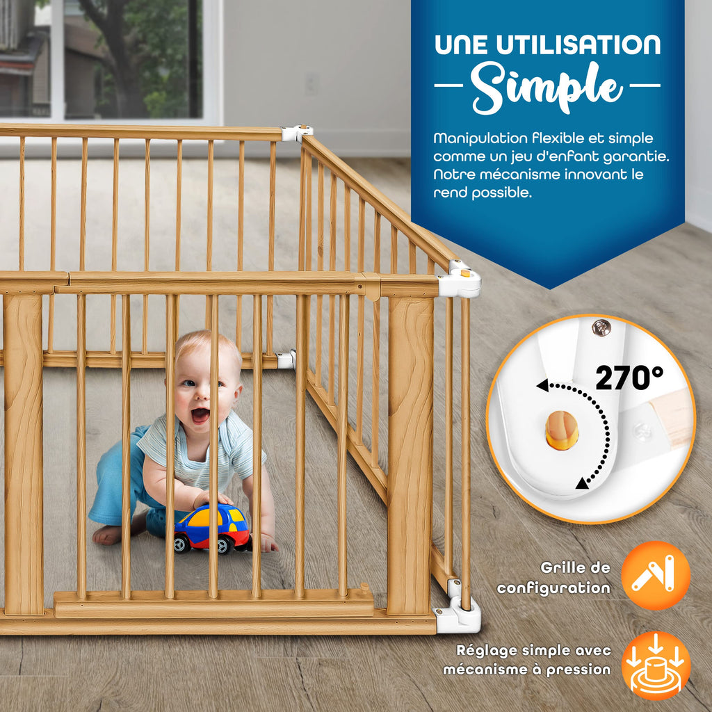 KIDUKU® Parc bébé pliable XXL de 7,2 mètres avec porte | Parc en bois avec double sécurité | Parc pliable pour enfants avec 8 éléments