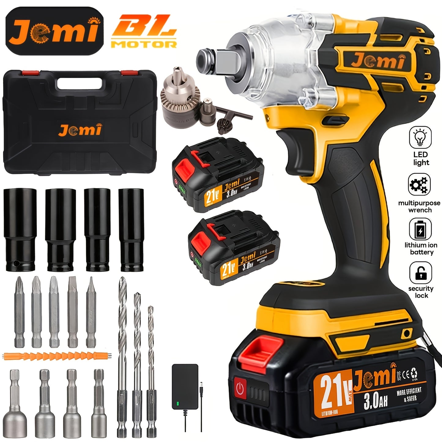 Jemi Tool 21V Clé à Choc sans Fil, Ensemble, Vitesse de 4500 RPM, Couple Élevé, Entraînement 1/2 Pouce, Livré avec Douille ou Adaptateur de Mandrin de Perceuse 13 mm, Batterie 3.0Ah, Chargeur Rapide, Disponible dans un Étui en Plastique, Idéal pour la Rép