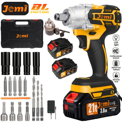 Jemi Tool 21V Clé à Choc sans Fil, Ensemble, Vitesse de 4500 RPM, Couple Élevé, Entraînement 1/2 Pouce, Livré avec Douille ou Adaptateur de Mandrin de Perceuse 13 mm, Batterie 3.0Ah, Chargeur Rapide, Disponible dans un Étui en Plastique, Idéal pour la Rép