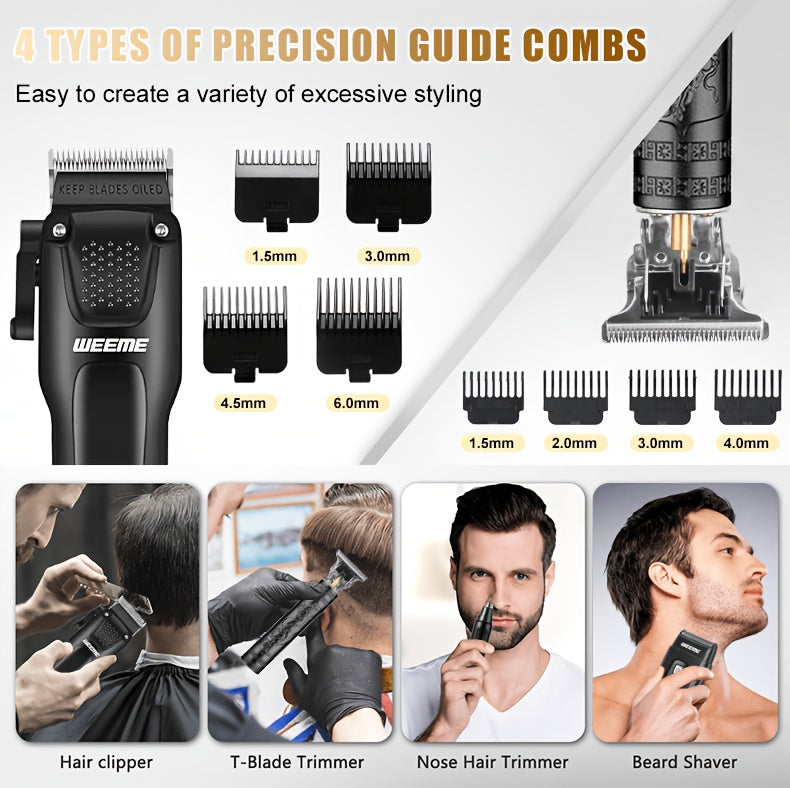 Kit de toilettage pour hommes WEEME, 4 pièces, avec tondeuse USB à charge rapide, tondeuse en T, rasoir et tondeuse à poils de nez - Système tout-en-un pour cheveux et rasage pour la maison, les voyages - Cadeau idéal pour papa, mari, petit ami (anniversa