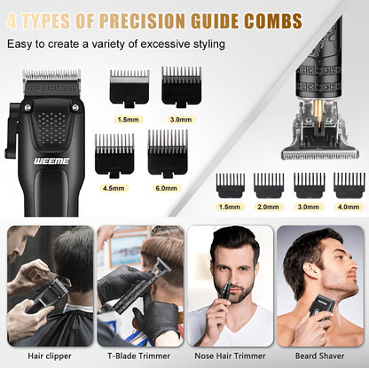 Kit de toilettage pour hommes WEEME, 4 pièces, avec tondeuse USB à charge rapide, tondeuse en T, rasoir et tondeuse à poils de nez - Système tout-en-un pour cheveux et rasage pour la maison, les voyages - Cadeau idéal pour papa, mari, petit ami (anniversa