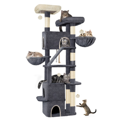Grand Griffoir pour Chat 185 cm Stable avec 6 Poteaux à Griffer, 3 Grotto, 2 Plateformes d'Observation, 2 Paniers, 4 Balles en Peluche, Griffoir Multiniveau pour Chat