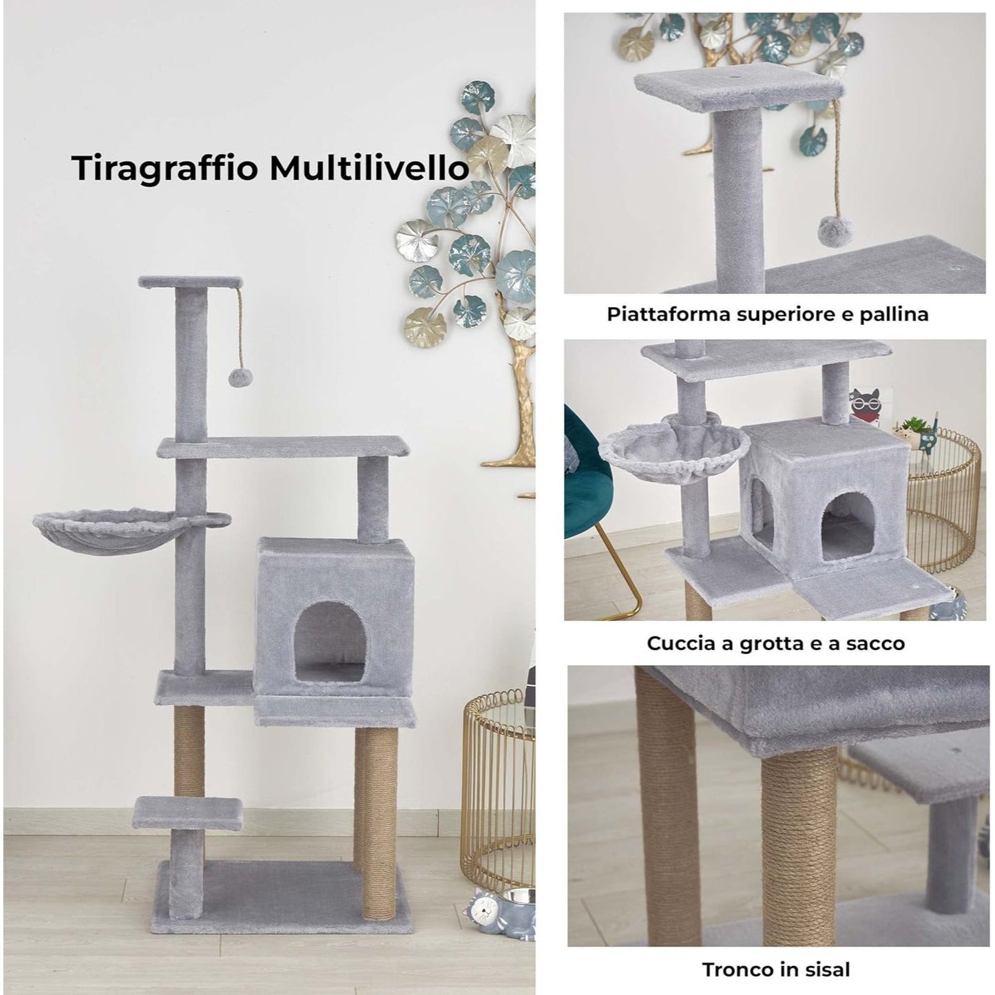 Baroni arbre à gratter pour chat en couleur marron | crème | gris 75X22X49 pouces (ou 75X55X49 pouces), arbre à gratter pour chaton, 4 niveaux avec hamac à balle et lit rectangulaire, jouet interactif pour chats et chatons pour une utilisation en intérieu