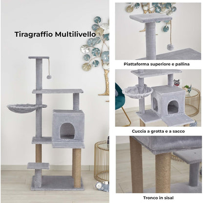 Baroni arbre à gratter pour chat en couleur marron | crème | gris 75X22X49 pouces (ou 75X55X49 pouces), arbre à gratter pour chaton, 4 niveaux avec hamac à balle et lit rectangulaire, jouet interactif pour chats et chatons pour une utilisation en intérieu