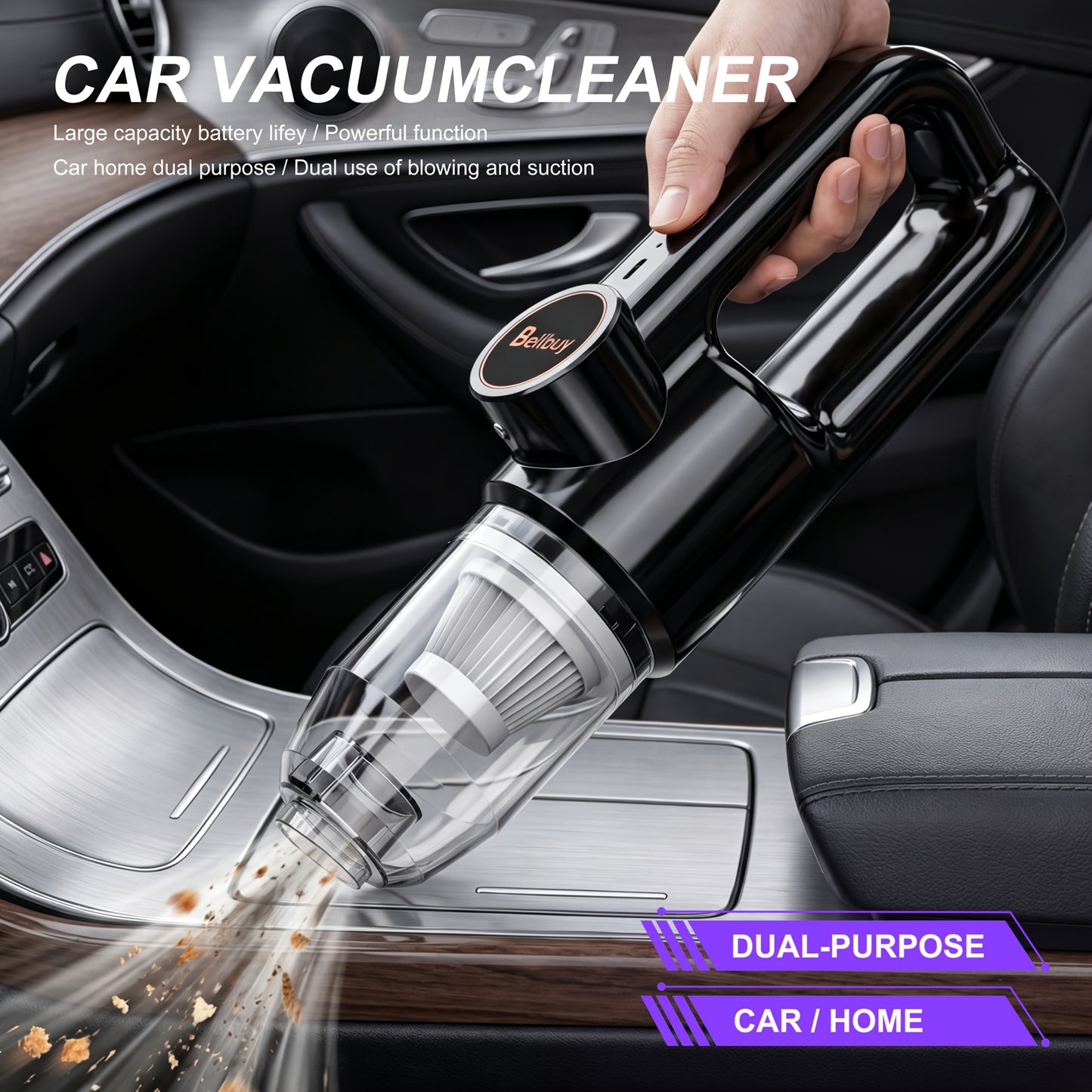 Aspirateur Portable, Double Usage Maison et Voiture, Autonomie Ultra-Longue, Aspiration et Dépoussiérage, Nettoyage Poils d'Animaux, Livré avec de Multiples Accessoires, Prêt à l'Utilisation