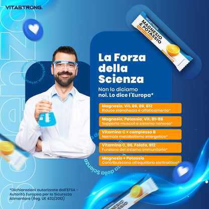 Formule Vitastrong Magnésium et Potassium 10-en-1, Bâtonnets Multivitamines Intégrateur Potassium et Magnésium 24 avec Vitamine C et Vitamines du Groupe B, Sans Saccharose, Gluten, Goût d'Orange