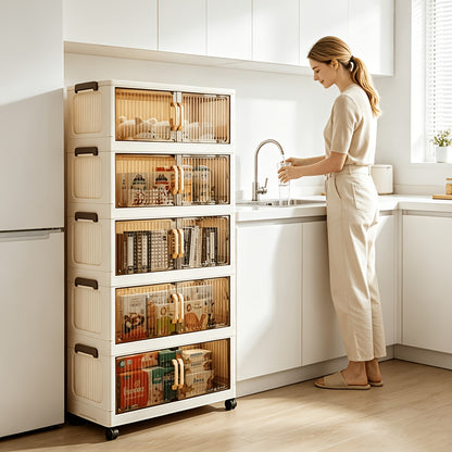 Bacs de rangement en plastique à 5 niveaux de 60 cm, boîtes empilables avec couvercles, conteneurs pliables avec roulettes verrouillables pour chambre à coucher, salon, bureau et bureau