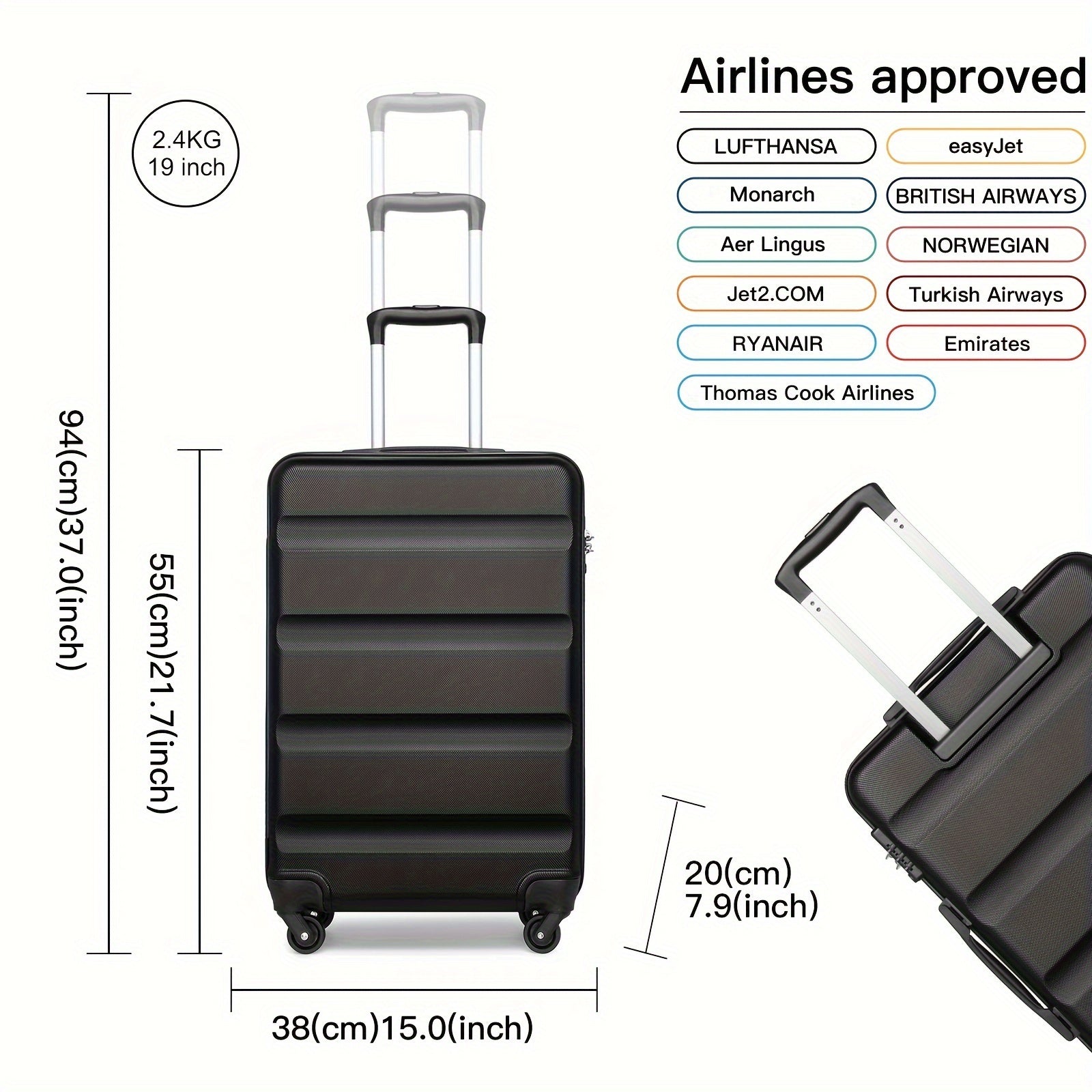 Valise Trolley Kono Disponible dans les Tailles 19 Pouces, 24 Pouces et 28 Pouces, Fabriquée en Matériau ABS, Avec 4 Roues, Dimensions 55 X 38 X 20 Cm, Parfaite pour la Rentrée Scolaire ou les Cadeaux de Vacances
