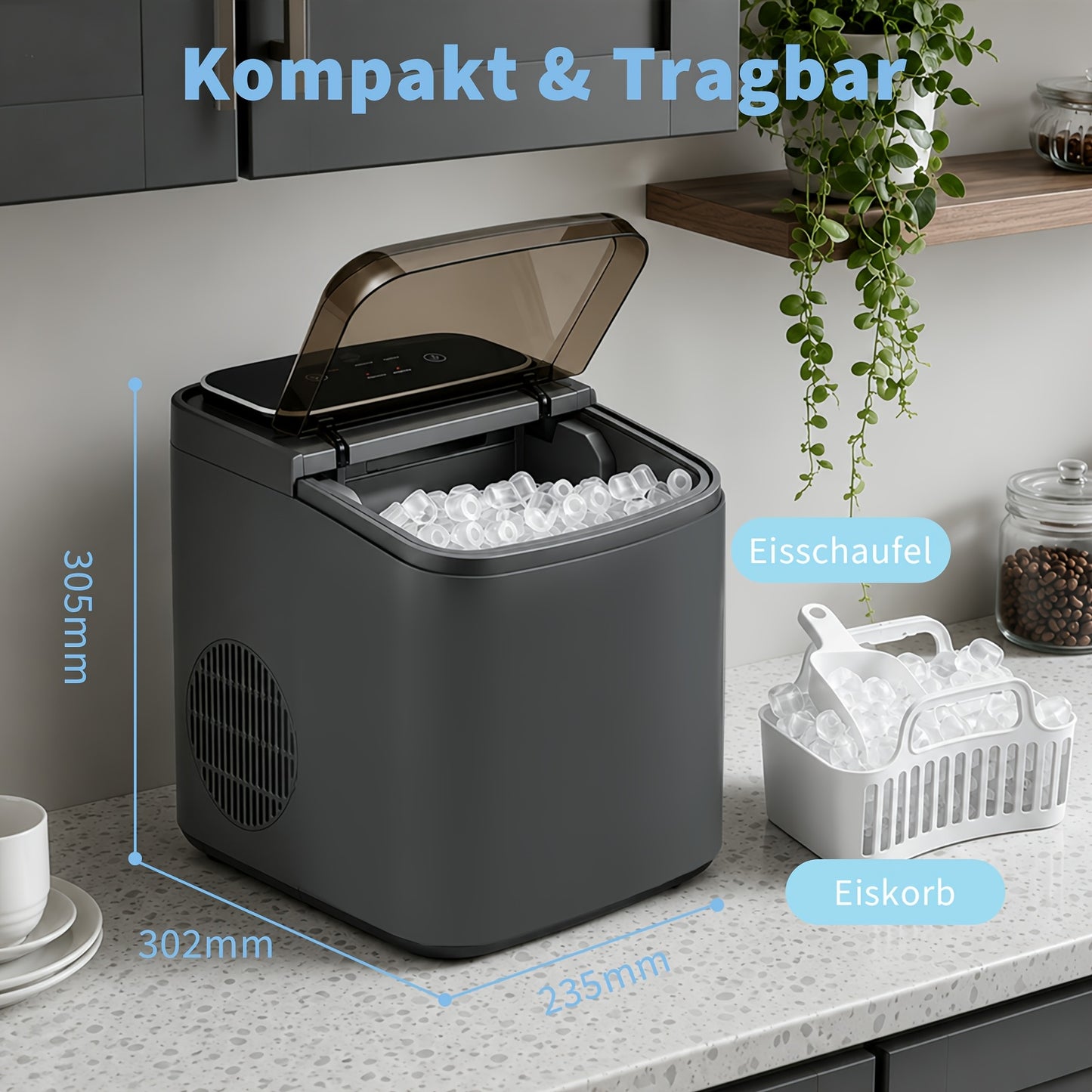 Machine à glaçons, petite machine à glaçons pour la maison et l'extérieur, avec une fenêtre transparente, tailles de glaçons réglables, livrée avec une poignée portable, parfaite pour les cuisines, les bureaux, les fêtes et autres occasions, votre compagn