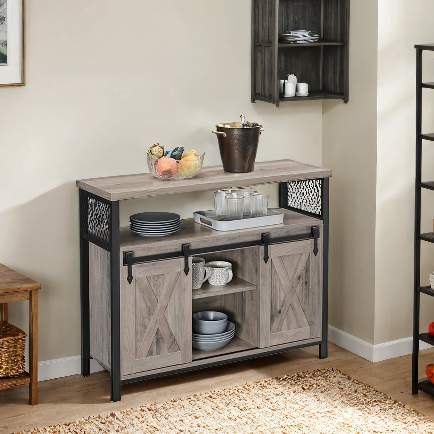 Meuble de Rangement, Buffet Cuisine, Commode, avec 2 Portes Coulissantes, 33 x 100 x 80 cm, Étagères Réglables, pour Salon