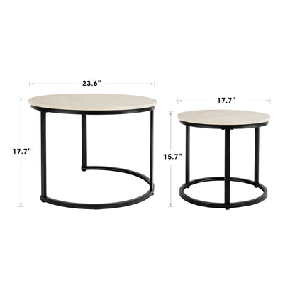 Ensemble de 2 tables gigognes rondes modernes avec cadre et plateau en placage stratifié - Gain de place, convient pour tables basses de salon, chambre, balcon, meubles rétro à assembler pour petits espaces (assemblage requis)