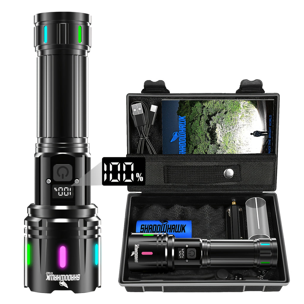 Lampe Torche LED Rechargeable Shadowhawk, Torche LED Très Lumineuse XHM90.2 Torches USB, 5000mAh, Lampe Tactique Puissante à Piles, Lampe de Poche pour Urgences Extérieures