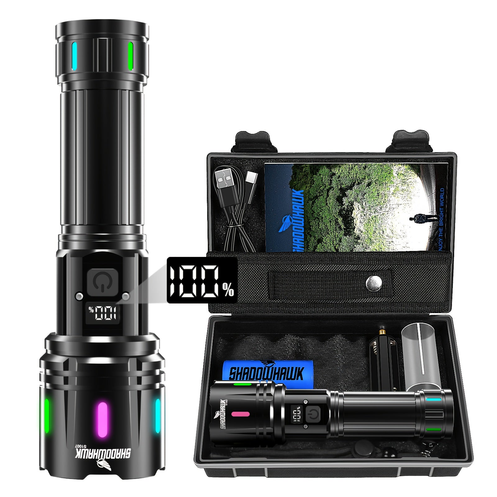 Lampe Torche LED Rechargeable Shadowhawk, Torche LED Très Lumineuse XHM90.2 Torches USB, 5000mAh, Lampe Tactique Puissante à Piles, Lampe de Poche pour Urgences Extérieures