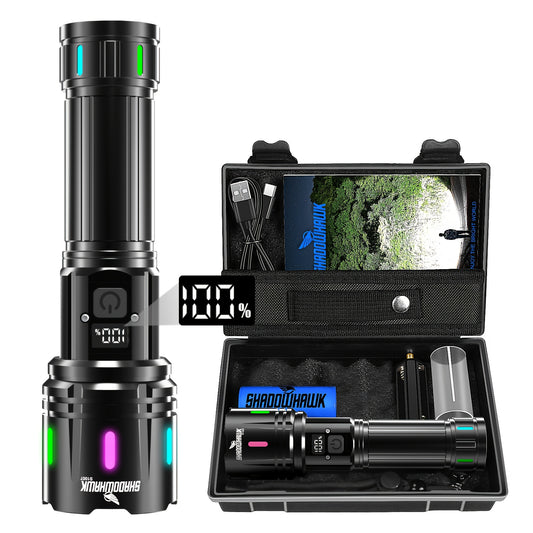 Lampe Torche LED Rechargeable Shadowhawk, Torche LED Très Lumineuse XHM90.2 Torches USB, 5000mAh, Lampe Tactique Puissante à Piles, Lampe de Poche pour Urgences Extérieures