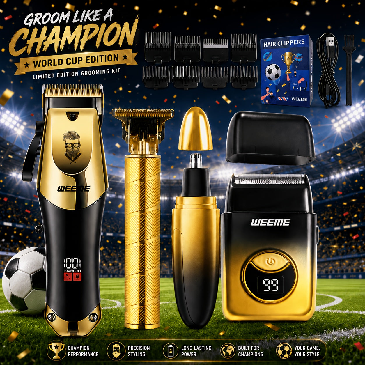 WEEME Kit de Tondeuse à Cheveux 4 pièces pour Hommes, Tondeuse à Cheveux Électrique Sans Fil, Tondeuse à Barbe en Forme de T & Tondeuse à Poils de Nez, Rasoir Électrique, Kit de Coiffure et de Beauté Professionnel pour l'Entretien des Hommes, Usage à Domi