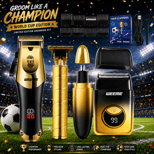 WEEME Kit de Tondeuse à Cheveux 4 pièces pour Hommes, Tondeuse à Cheveux Électrique Sans Fil, Tondeuse à Barbe en Forme de T & Tondeuse à Poils de Nez, Rasoir Électrique, Kit de Coiffure et de Beauté Professionnel pour l'Entretien des Hommes, Usage à Domi