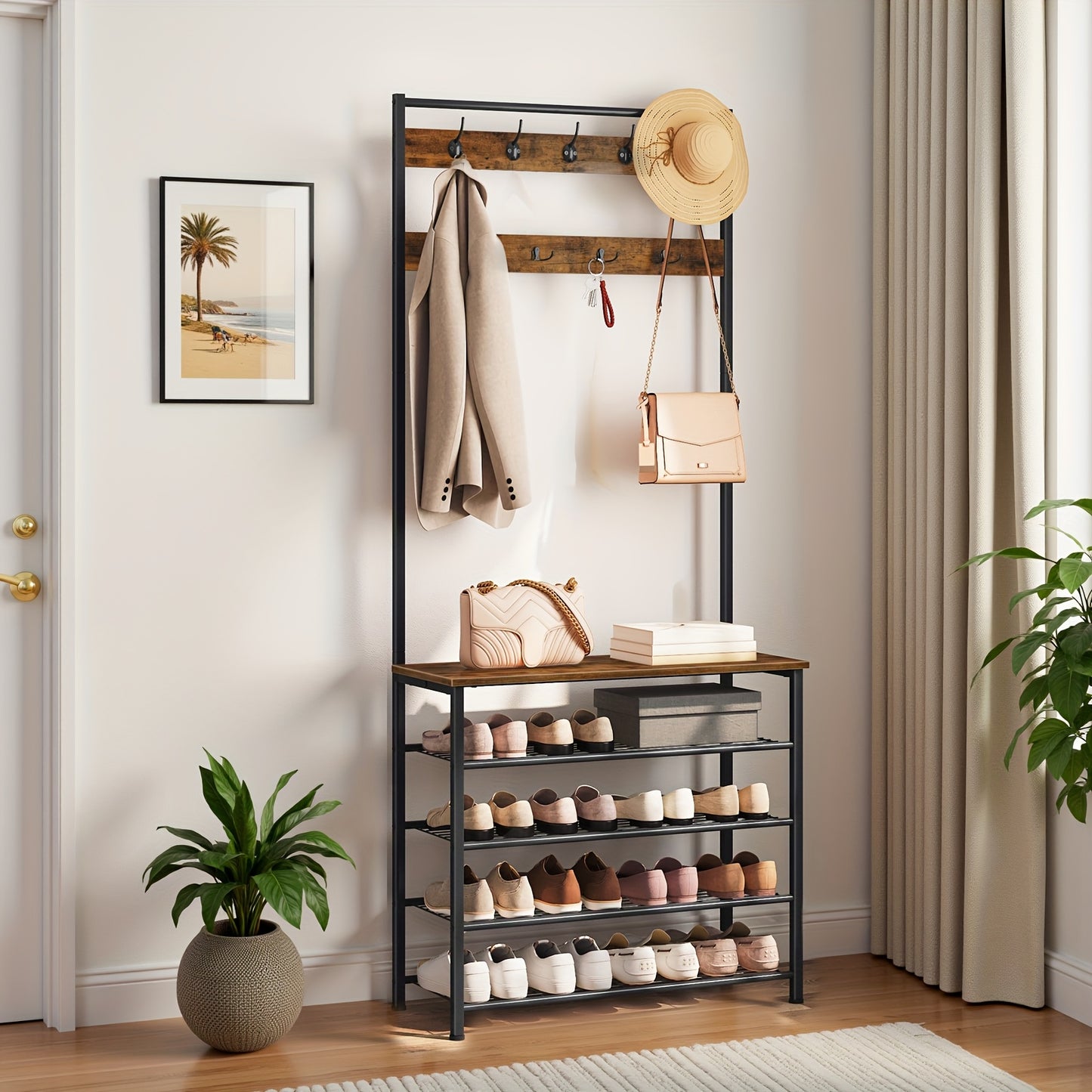 Porte-Manteau avec Étagère à Chaussures et Garde-Robe, Porte-Vêtements avec Rangement pour Chaussures, Meuble à Chaussures à 5 Niveaux, pour Couloir, Marron Foncé