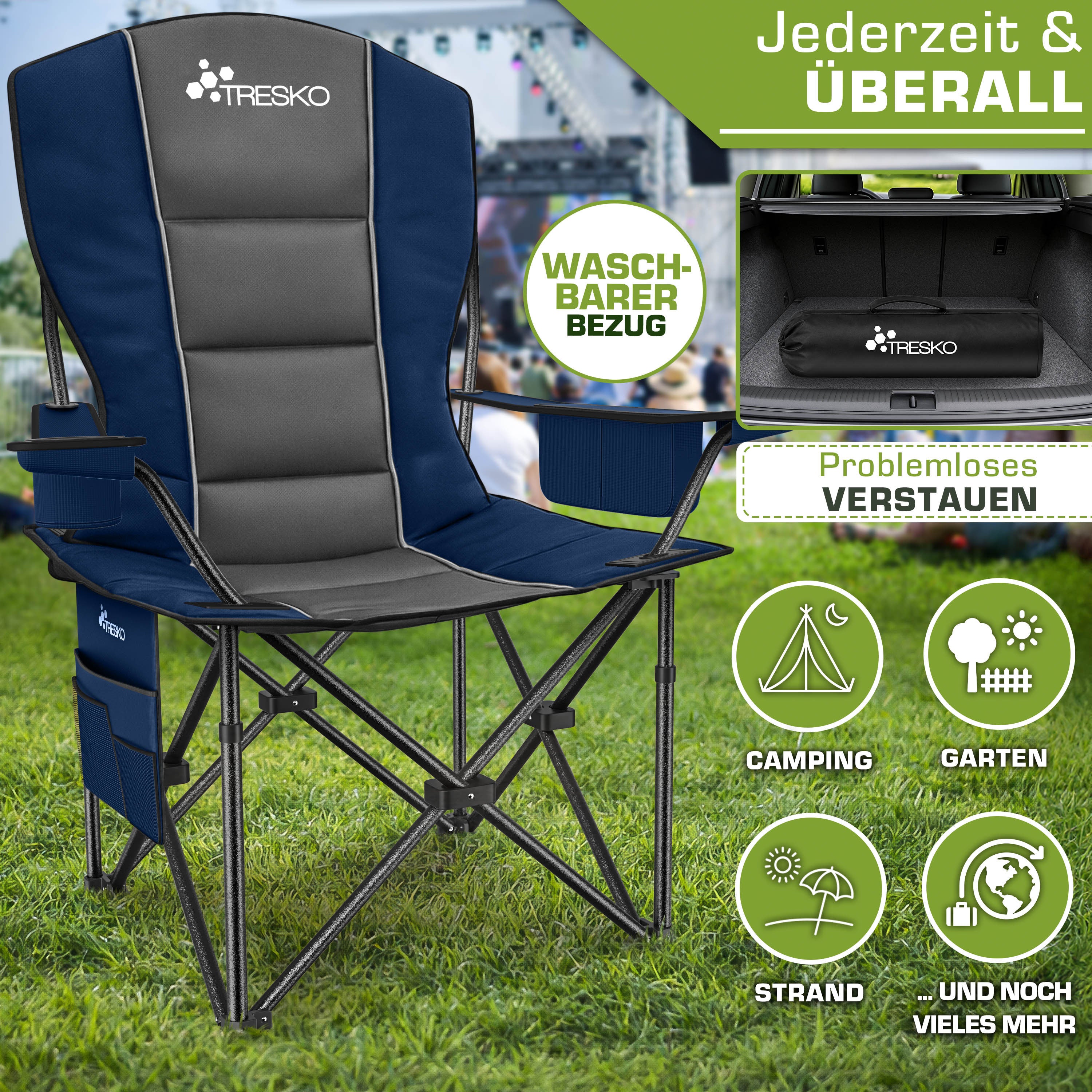TRESKO® Chaise de camping pliable jusqu'à 150 kg | Chaise de pêche à dossier haut | Chaise pliante avec accoudoirs et porte-gobelet | Chaises de camping pliantes