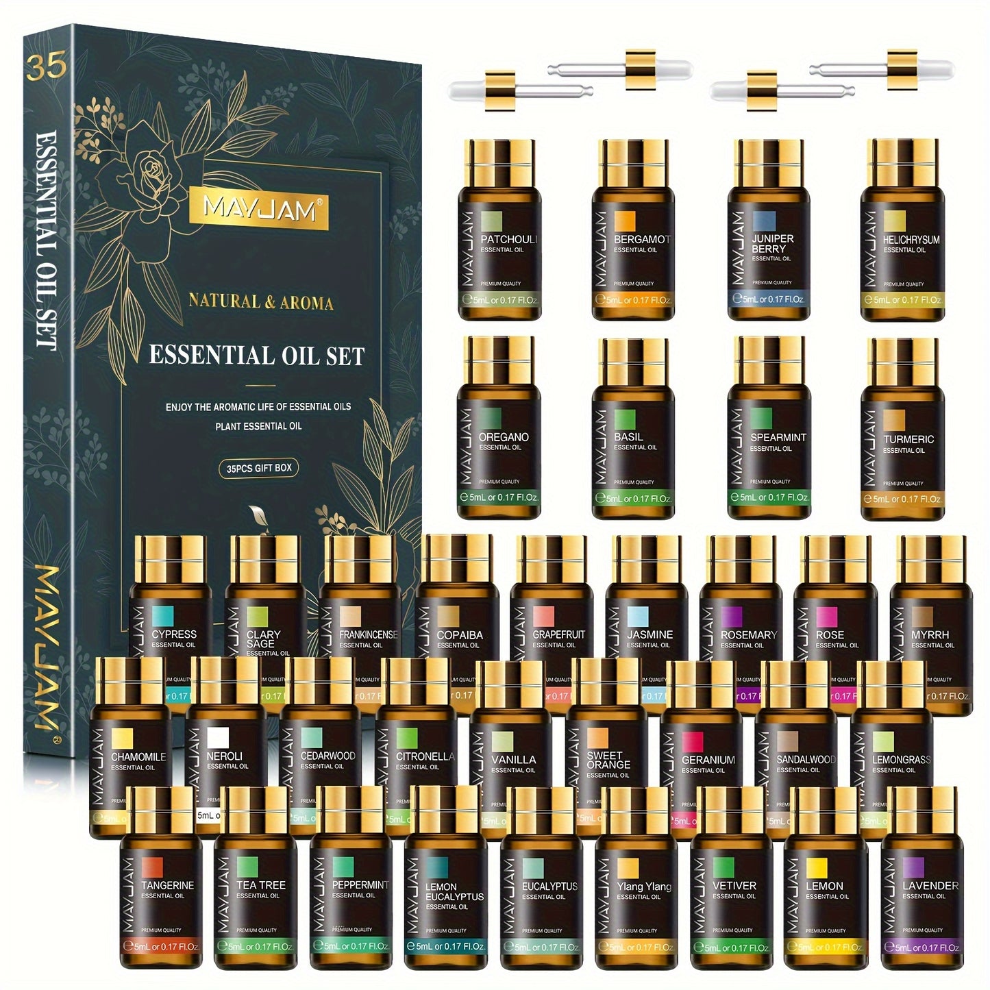 MAYJAM Lot de 35 huiles essentielles de 5 ml, coffret cadeau pour diffuseurs, humidificateur, fabrication de bougies artisanales, amélioration de l'humeur, cadeau idéal pour diverses occasions, cadeaux de Noël, surprise de la Saint-Valentin, cadeau de rem