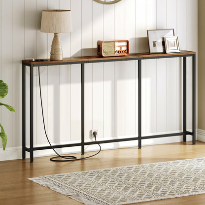 Table Console Moderne Industrielle Étroite avec Station de Chargement et Ports USB - Bois Ingénierie Robuste et Métal, Idéale pour Entrée, Salon, Table de Canapé, Bureau de Chargement USB pour Hall, Couloirs, Entrées