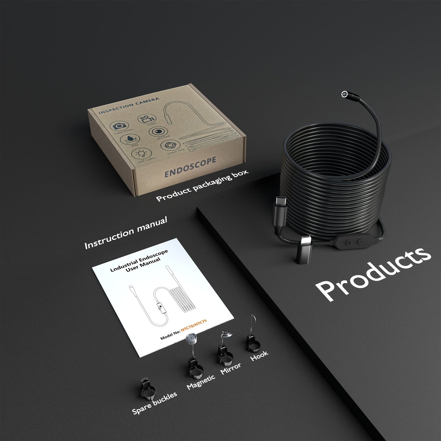 L'endoscope industriel est doté de 8 lumières LED, un outil haute définition pour l'inspection des tuyaux, une classification IP67, et est livré avec des câbles fixes disponibles en longueurs de 1M, 5M ou 10M. Il est compatible avec les smartphones iOS et
